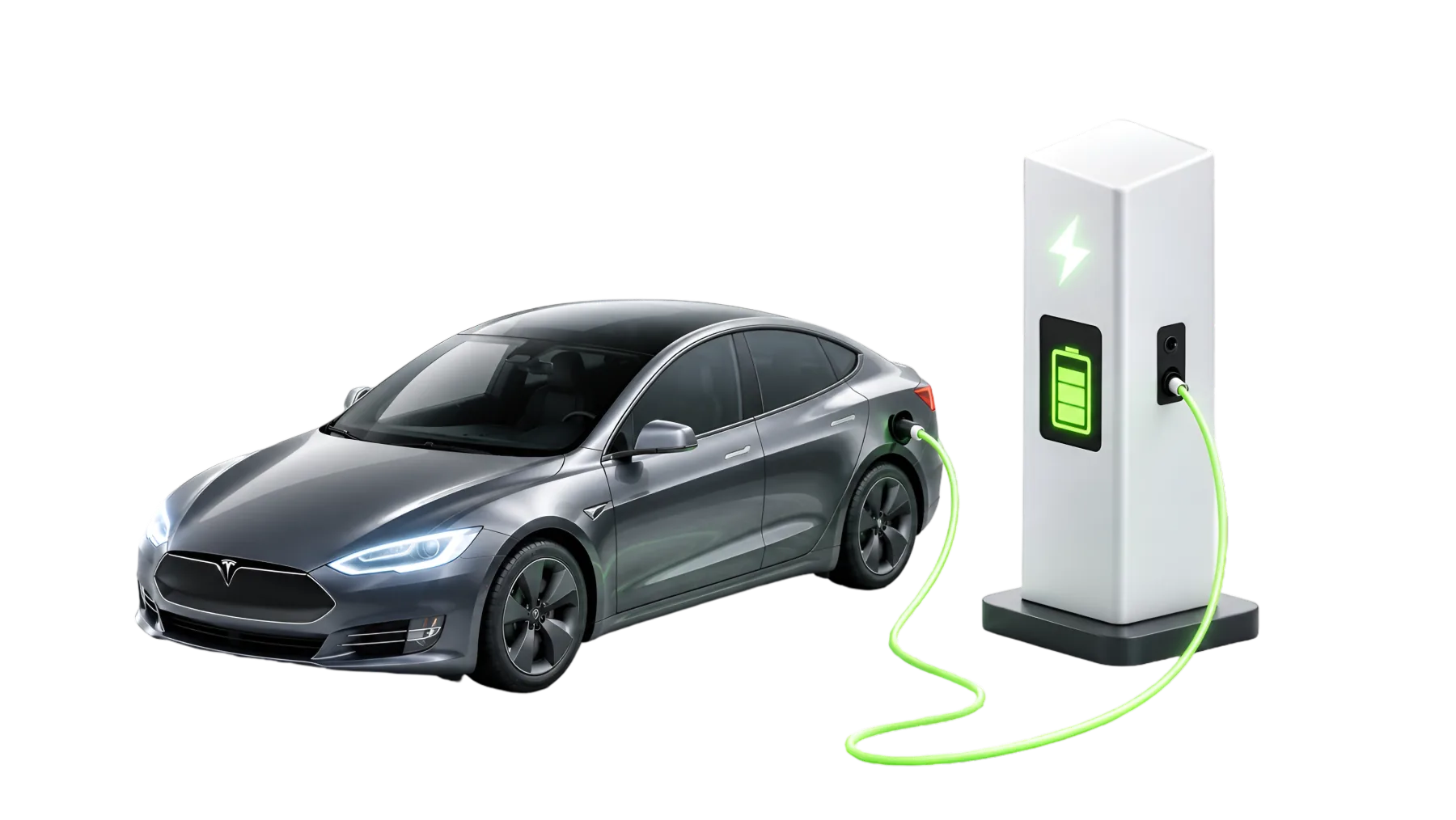 An electric car charging at a FlashGrid station, connected by a glowing green cable